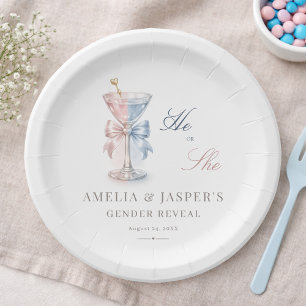 He Or She Elegant Martini Gender Reveal Party Paper Plate