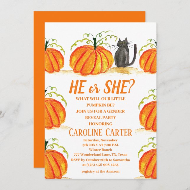 He or She Fall Pumpkin Gender Reveal Invitation (Front/Back)