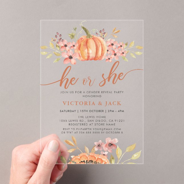 He or She Fall Pumpkin Rustic Boho Gender Reveal Acrylic Invitations (Insitu (Handheld))