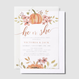 He or She Fall Pumpkin Rustic Boho Gender Reveal Vellum Invitations