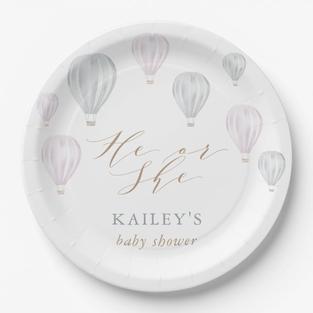 He or She Gender Reveal Air Balloon Baby Shower Paper Plate (Front)