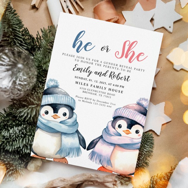 He or She, Gender Reveal, Baby Shower Penguin  Invitation (Creator Uploaded)
