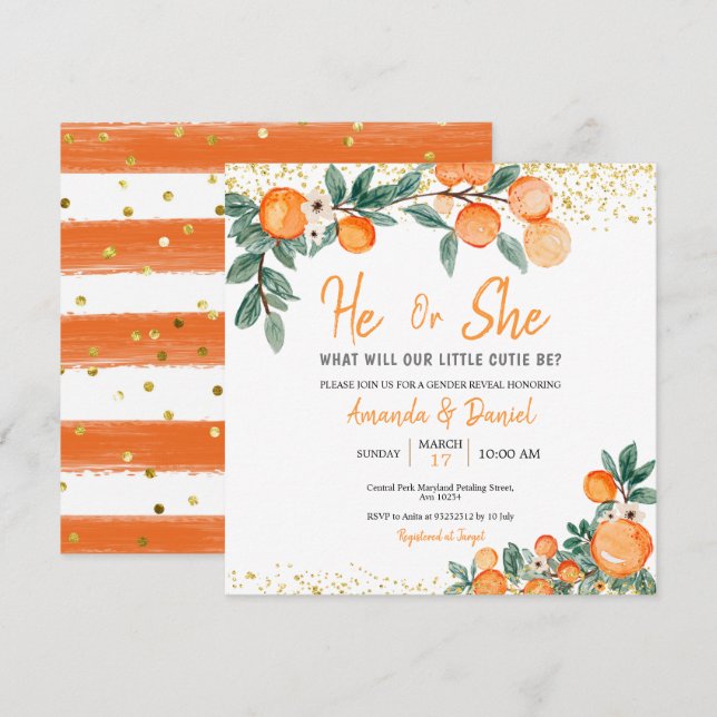 He or She Gender Reveal Orange Little Cutie  Invitation (Front/Back)
