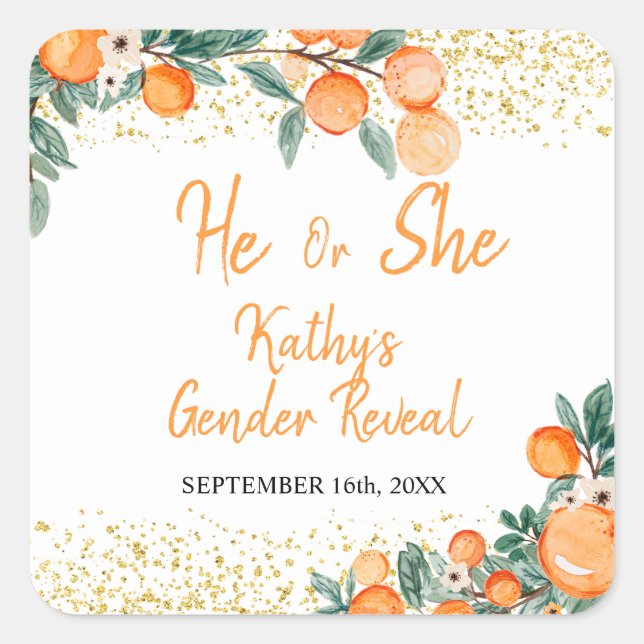 He or She Gender Reveal Orange Little Cutie Square Sticker (Front)