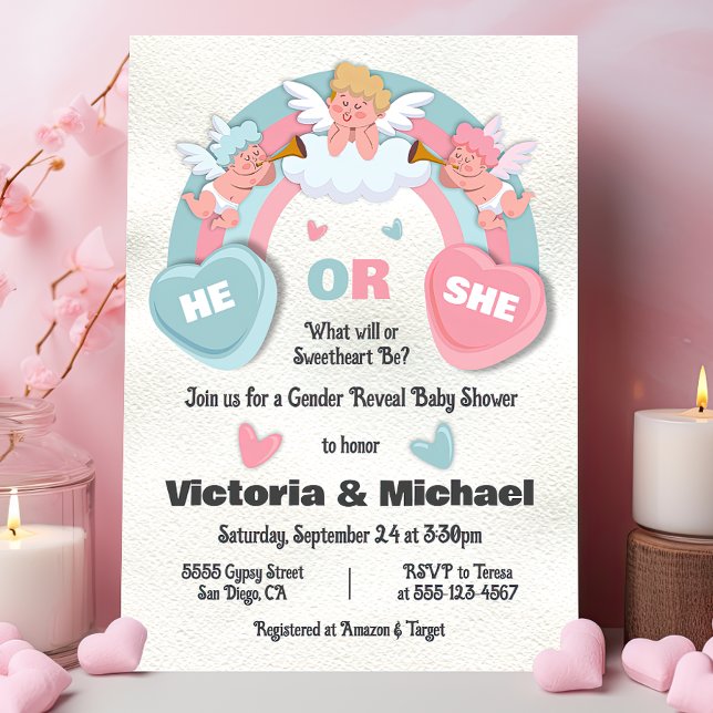 He or She Gender Reveal Valentines Day Baby Shower Invitation (Creator Uploaded)