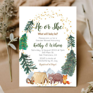 He or She Gender Reveal Woodland Animal Invitation