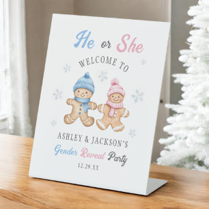 He or She Gingerbread Gender Reveal Welcome Pedestal Sign