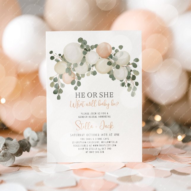 He or She Greenery Balloon Garland Gender Reveal  Invitation (He or She Gender Reveal Invitation )