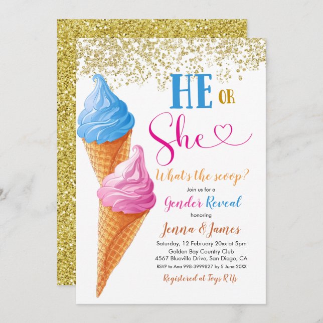 He or She Ice Cream Gender Reveal Invitation (Front/Back)