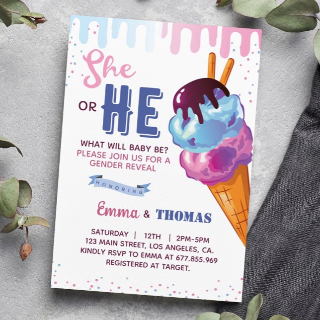 He Or She Ice Cream Gender Reveal Party Invitation (Creator Uploaded)