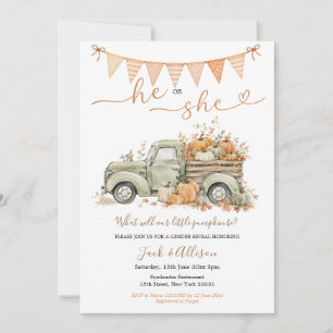 He or She Little Pumpkin Gender Reveal Fall Truck Invitation