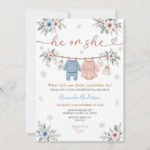 He or She Little Snowflake Winter Gender Reveal Invitation