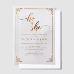 He or She Luxury Gold Ornate Baby Gender Reveal Vellum Invitations