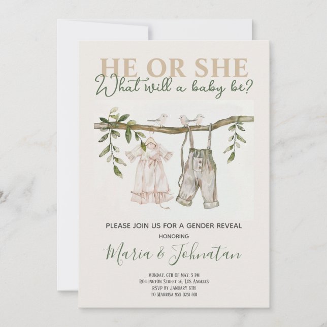 He or She Neutral Baby Clothes Boho Gender Reveal Invitation (Front)