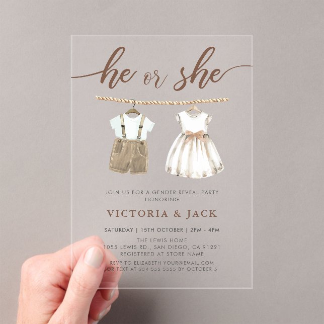 He or She Neutral Baby Clothes Gender Reveal Acrylic Invitations (Insitu (Handheld))