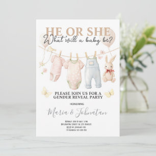He or She Neutral Baby Clothes Gender Reveal Invitation