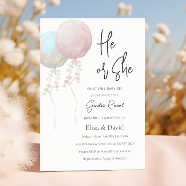 He or She Pink and Blue Balloon Gender Reveal Invitation (Creator Uploaded)
