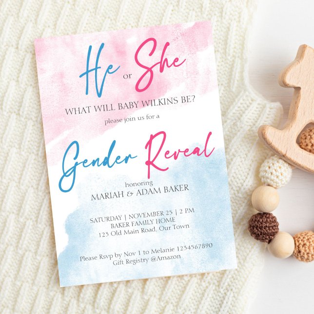 He or she pink and blue gender reveal template  (He or she pink and blue gender reveal template invitation digital download simple watercolor modern)