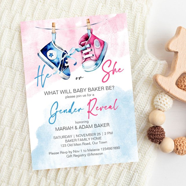 He or she pink and blue gender reveal template  (He or she pink and blue baby shoes gender reveal party editable template invitation digital download)