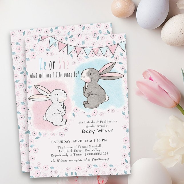 He or She Pink and Blue Little Bunny Gender Reveal Invitation (He or She Gender Reveal Invitation with little bunnies - pink or blue and perfect for easter)