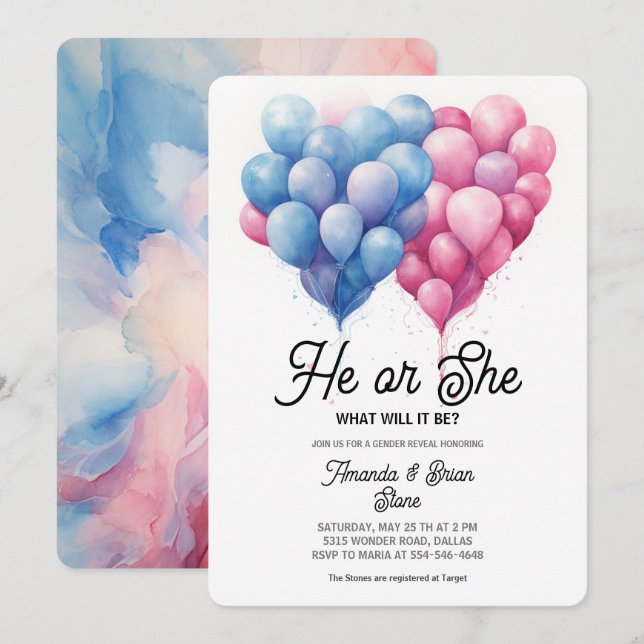 He or She Pink Blue Balloons Gender Reveal Party  Invitation (Front/Back)