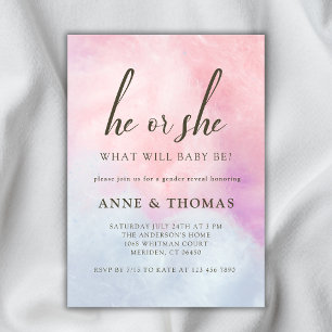 He Or She Pink Blue Pastel Gender Reveal Party  Invitation