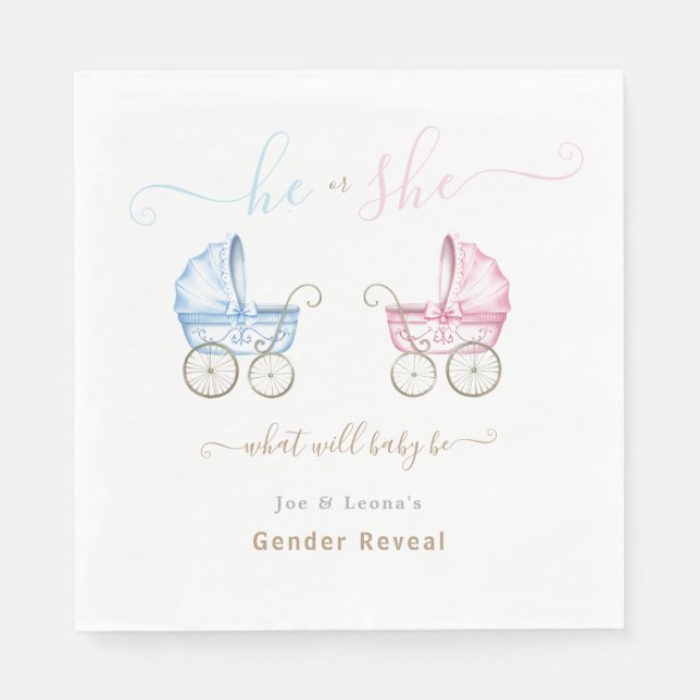 He or She, Pink or Blue Strollers Gender Reveal Napkin (Front)