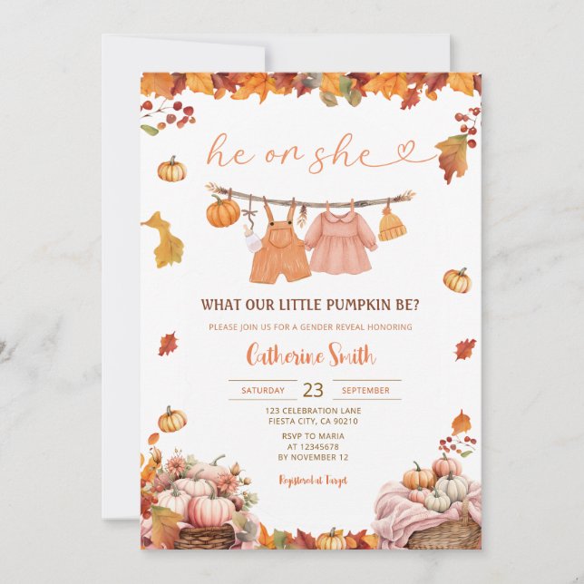 He or She Pumpkin Gender Reveal Fall Baby Clothes Invitation (Front)