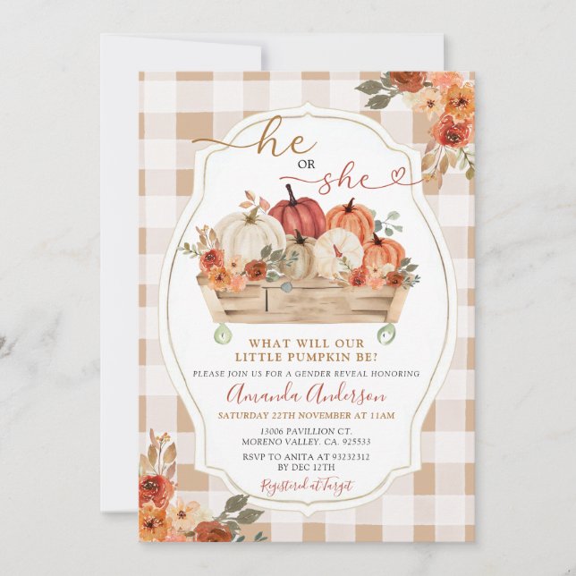 He or She Pumpkin Patch Fall Floral Gender Reveal Invitation (Front)