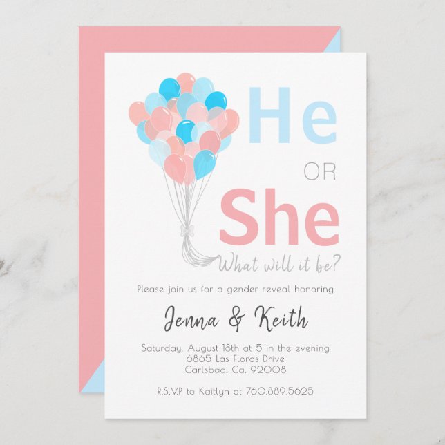 He or She Render Reveal Balloons Up Theme Baby Invitation (Front/Back)