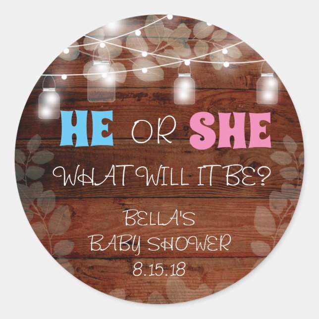He or She Rustic Baby Gender Reveal Party Stickers (Front)