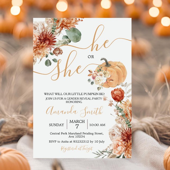 He or She Rustic Floral Fall Gender Reveal Party Invitation (Creator Uploaded)