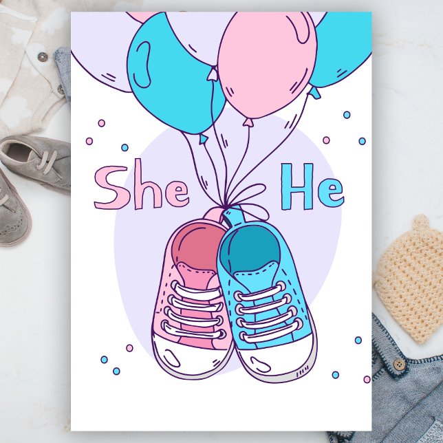 He or She Sneakers Pink Blue Balloon Gender Reveal Invitation (Creator Uploaded)