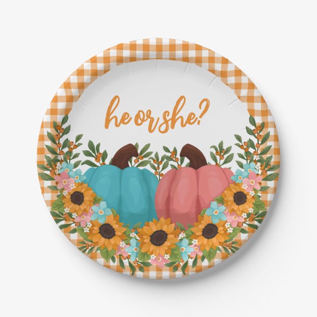 He or She Sunflowers Little Pumpkin Gender Reveal Paper Plate (Front)