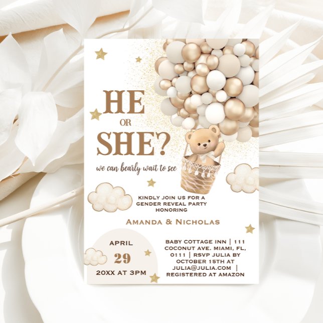 He or She Teddy Bear Cute Boho Gender Reveal Invitation (Creator Uploaded)