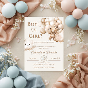He or She Teddy Bear with Balloons Gender Reveal I Invitation