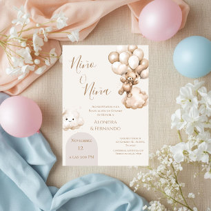 He or She Teddy Bear with Balloons Gender Reveal I Invitation