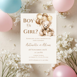 He or She Teddy Bear with Balloons Gender Reveal I Invitation