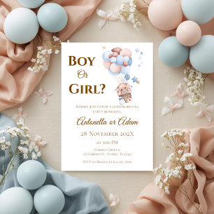 He or She Teddy Bear with Balloons Gender Reveal I Invitation