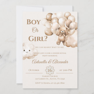 He or She Teddy Bear with Balloons Gender Reveal I Invitation