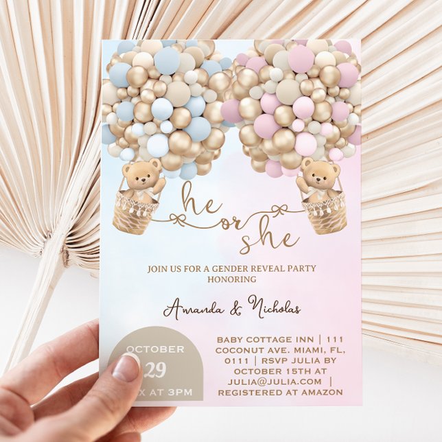 He or She Teddy Bear with Balloons Gender Reveal Invitation (Creator Uploaded)