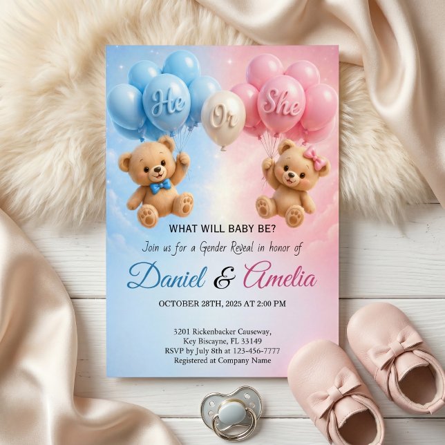 He or She Teddy Gender Reveal Invitation (Creator Uploaded)