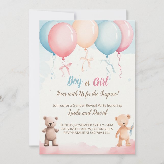 He or She: Teddy's Gender Reveal Party Invitation (Front)