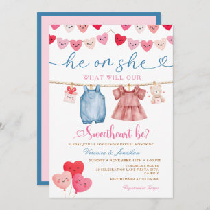 He or She Valentine Gender Reveal Clothesline  Invitation