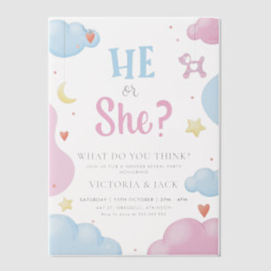 He or She Watercolor Clouds & Stars Gender Reveal Vellum Invitations