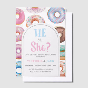 He or She Watercolor Doughnut Pattern gender revea Vellum Invitations