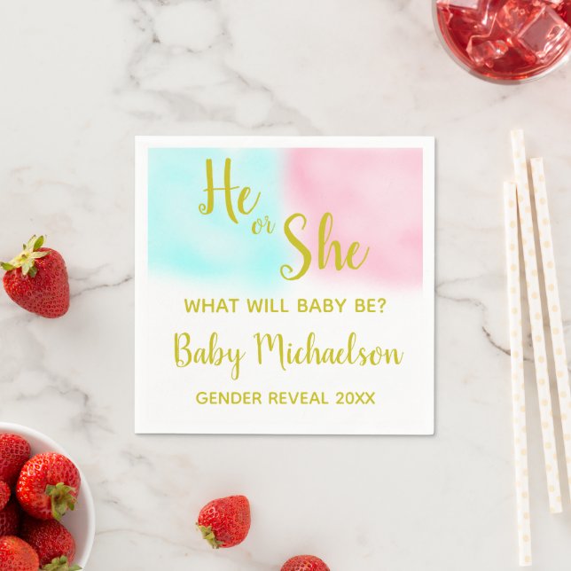He Or She Watercolor Gender Reveal Napkin (Insitu)