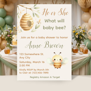 He or She Watercolor Honey Bee Gender Reveal Invitation
