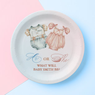 He or She Watercolor Pink Blue Baby Vintage Paper Plate