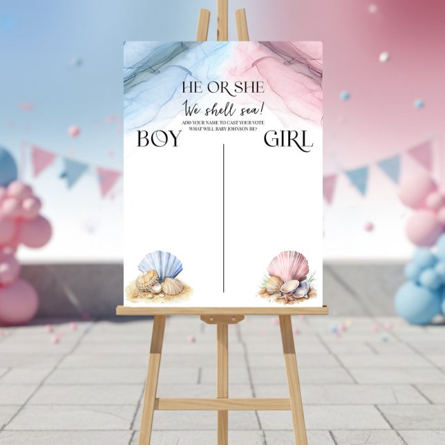 He or She We Shell Sea Gender Reveal Voting Poster (He or She voting poster from the Coastal Gender Reveal - We Shell Sea collection by Darling & May)